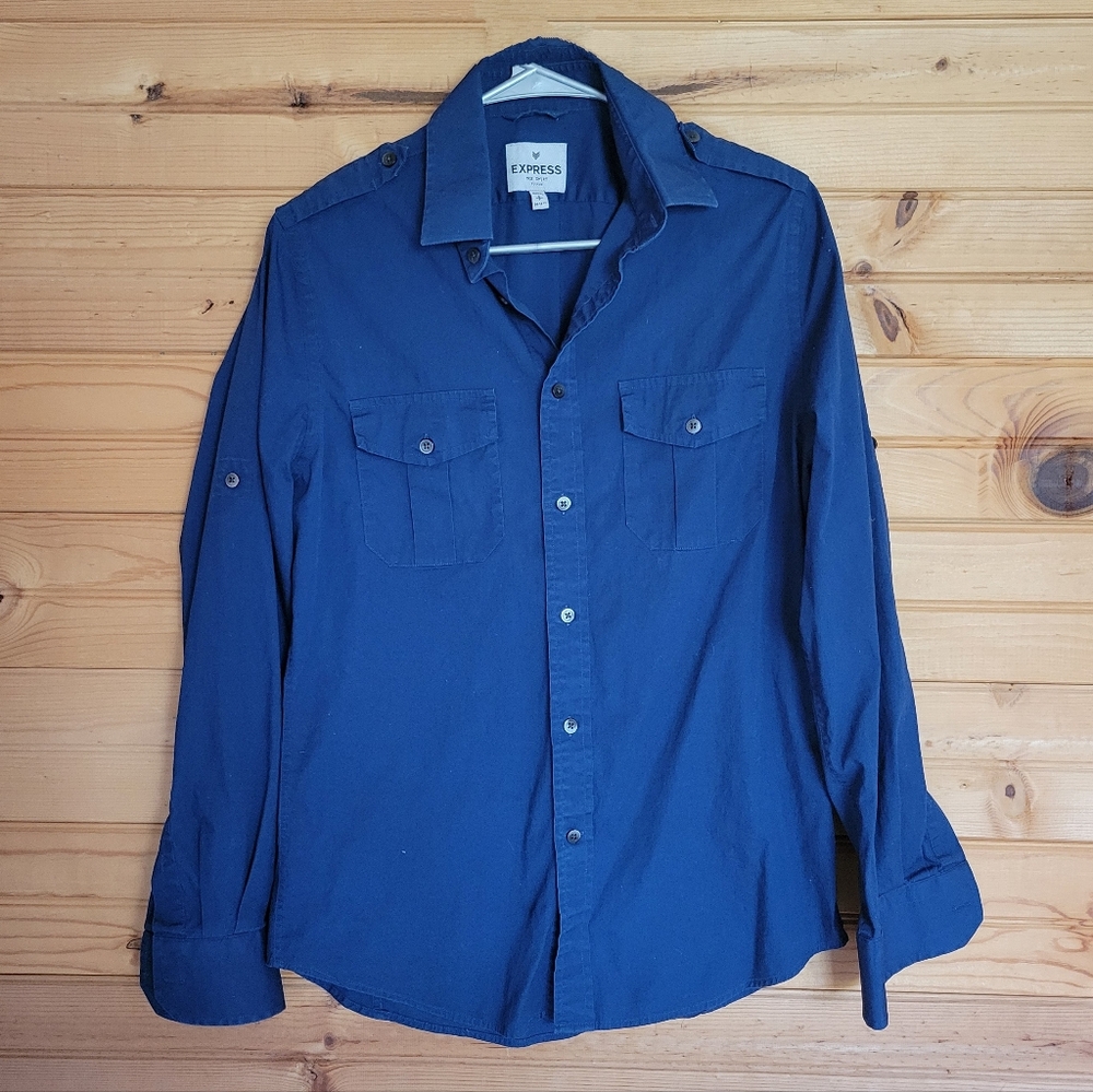 Express Fitted Navy Blue Men's Button-Down Shirt, Size: S/P 14-14.5
